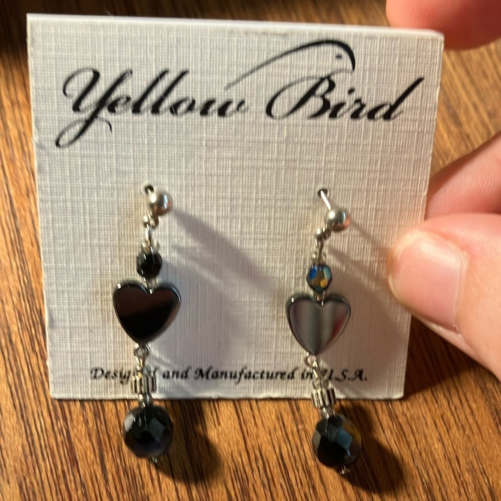 Vintage Yellow Bird‎ Silver and Black Heart Beaded Earrings